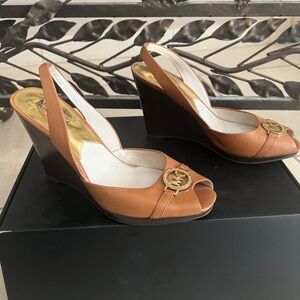 Michael Kors Leather Brown Wedge Sandals